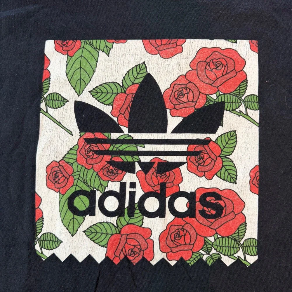 A+ Adidas Originals Mens Large Black Floral Rose Trefoil Graphic T-Shirt Cotton